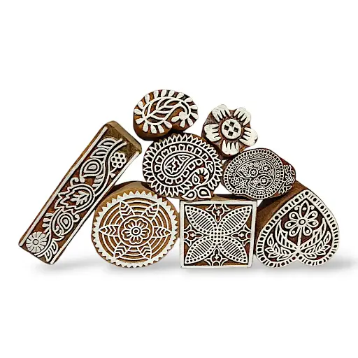 Abstract Designs Paisley and Border Wooden Printing Blocks (Set of 8)